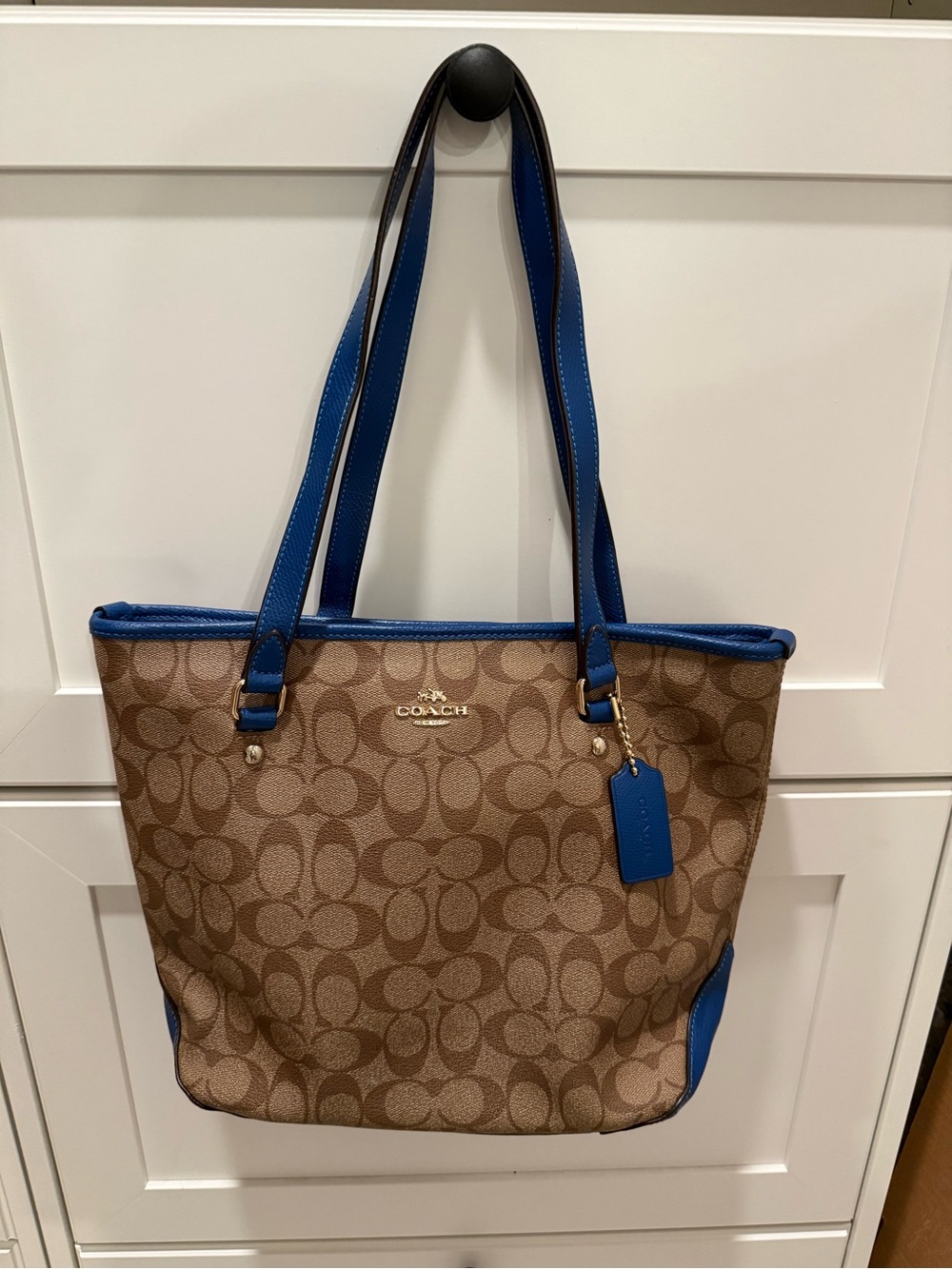 Coach Brown Signature Canvas Tote with Blue Trim